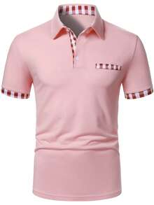 Calvornis Men's Plaid Patchwork Short Sleeve Casual Commuter Polo Shirt - Pink - View 4