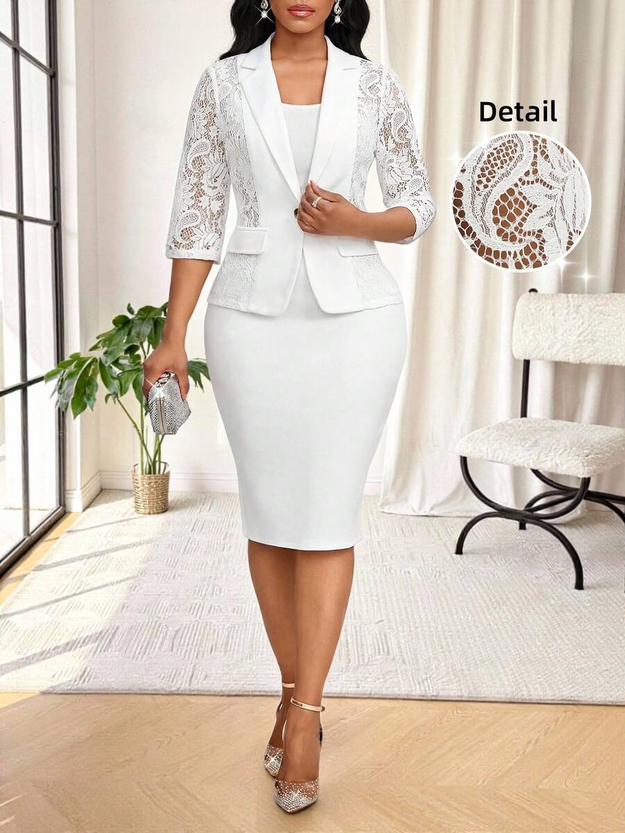 SHEIN Lady Women's Lace Patchwork Single-Button Jacket & Skirt Suit Set - White - View 1