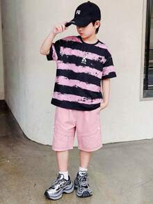 2pcs/Set Tween Boy Casual Striped Crew Neck Short Sleeve T-Shirt And Shorts Set, Suitable For Commuting, School, Daily Casual Wear, Sports, Spring/Summer - Black - View 4