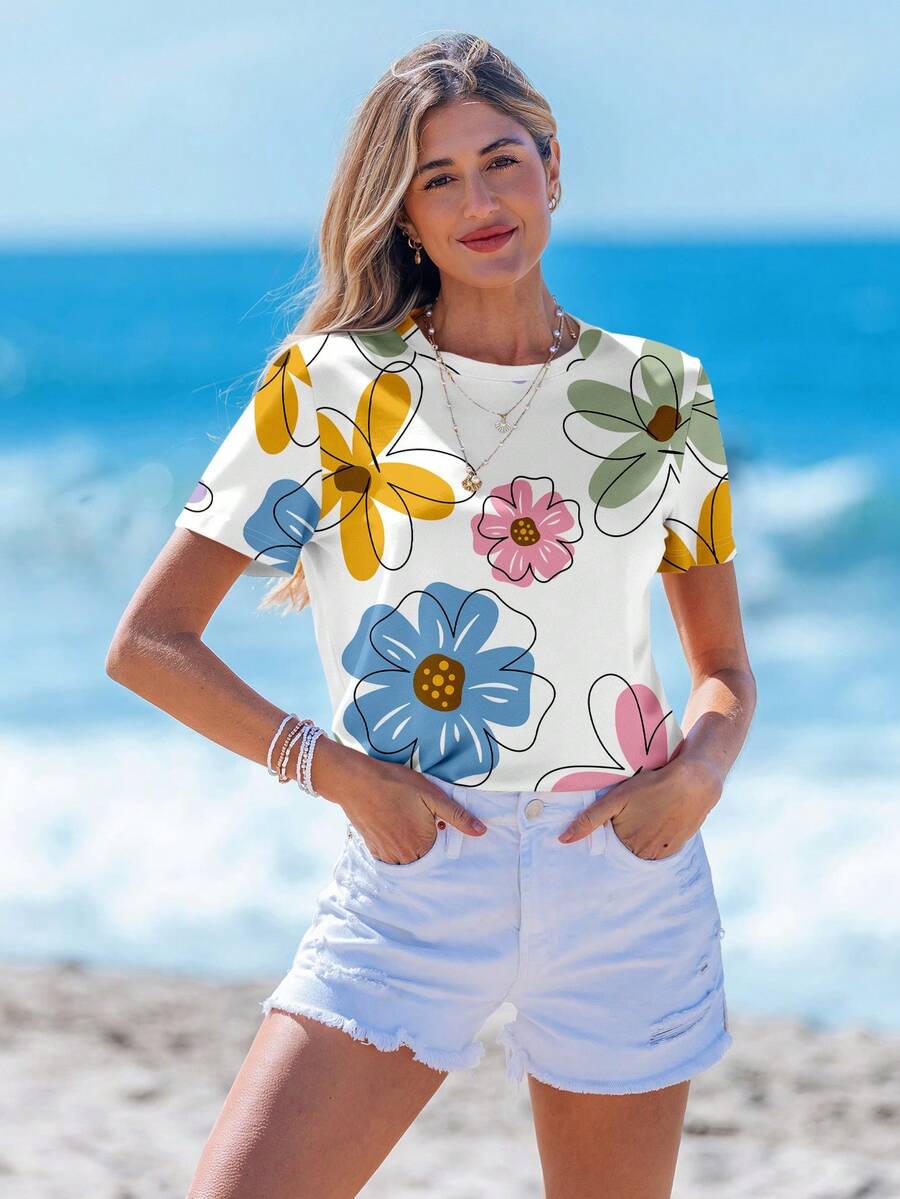 Sylviya Versatile Floral Print Casual Round Neck Short Sleeve Loose T-Shirt For Women, Spring/Summer Suitable For Going Out,Vacation - Multicolor - View 1