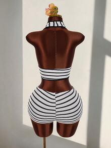 Amplova Textured Striped Halter Neck Backless Deep V-Neck Sleeveless Bodycon Shorts Two Pieces Casual Vacation Outfit - Black and White - View 9