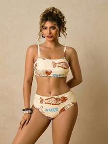 Travachic Plus Size Women's Printed Swimwear Set, Bandeau Tie Bow Swimwear Top Summer Beach Outfit Vacation Bikini Bathing Suits - Multicolor - View 3