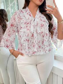 SHEIN Clasi 大码女式花卉拼接荷叶边系领优雅衬衫 - 彩色 - 查看 5