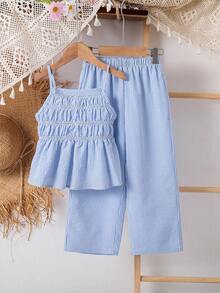 Emery Rose Kids Emery Rose Kids 女童条纹荷叶边吊带背心和阔腿裤休闲套装 - 彩色 - 查看 7