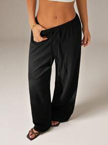 SHEIN PETITE 女士纯色系带阔腿宽松休闲百搭裤 - 黑色 - 查看 8