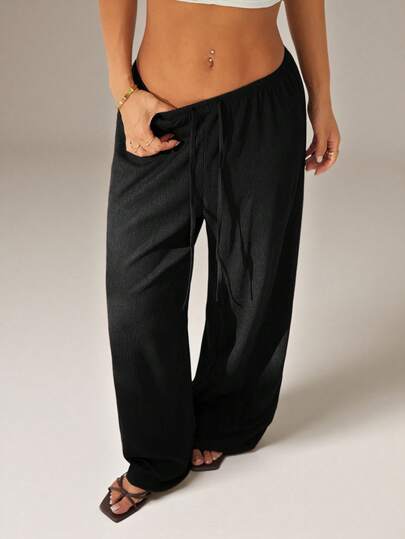 SHEIN PETITE Women's Solid Color Tie Waist Wide Leg Loose Casual Versatile Pants