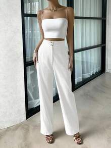 Lavishia Women's Textured Solid Color Button Zipper Casual Pants, Versatile For Daily Wear - White - View 6