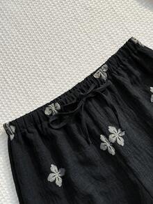 Sunnyshic 女士蓝色印花抹胸露脐上衣，荷叶边装饰，搭配抽绳腰带宽松长裤，夏季欧美优雅性感浪漫海滩度假两件套 - 黑色 - 查看 6