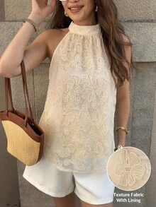 Solivie 女士度假休闲花卉刺绣吊带衫 黄色薄纱上衣 黄色吊带蕾丝双层无袖系带衬衫 3D花卉刺绣透明黄色衬衫 女士上衣和衬衫 女士春季服装 女士夏季服装 女士夏季上衣 女士蕾丝衬衫 - 杏色 - 查看 3