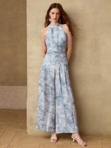 MOTF PREMIUM VINTAGE OMBRE JUMPSUIT, CUSTOM-MADE GREEN ELEGANT WAIST-CINCHING SLIM-FIT SUMMER JUMPSUIT FOR WOMEN - Blue and White - View 5