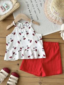 SHEIN 2pcs Baby Girl/Newborn 0-3Y Spring/Summer Dopamine Vibrant Color Vacation Sleeveless Top + Shorts Set, Baby Girl Spring/Summer Outfit - Red - View 6
