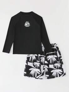 SHEIN 两件套青少年男童泳装，黑色长袖防晒衣，简约日落棕榈树印花，撞色印花泳裤，时尚休闲，适合游泳、夏季度假、海滩、泳池派对 - 黑與白 - 查看 7