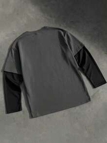 SWAVVY Men's Street Fashion Knitted Crew Neck Letter Print Long Sleeve T-Shirt - Grey - View 3