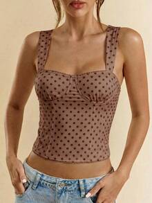 SHEIN BAE Women's Brown Polka Dot, Summer, Vintage Elegant Sexy, Everyday Corset Wide Straps Top, Cute Party Going Out Nightclub, Date Night Holiday Top - Brown - View 6