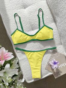 Swim SXY Đồ bơi nữ Bikini gợi cảm màu trơn phối khối, áo ngực tích hợp, áo croptop, áo ba lỗ, đồ bơi cho kỳ nghỉ, trang phục đi biển, phong cách Y2K, trang phục tập gym cho nữ, trang phục dự tiệc Valentine, Năm mới, kỳ nghỉ, từ thành phố đến bãi biển, phong cách Bohemia Xuân Hè 2026. - Màu vàng - Xem 3