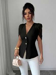 SHEIN Elenzya Áo blazer nữ thanh lịch, lãng mạn, dáng ôm sát, cổ chữ V, xếp ly và thắt eo. - màu đen - Xem 5