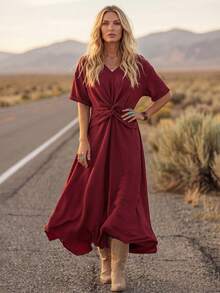 LanaWest Robe d'été décontractée pour femmes, col V, épaules dénudées, manches courtes, torsadée à la taille, plissée, pour vacances, couleur rouge vin - Rouge foncé - Voir 6