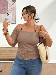 Lounesse Plus Size Women's Off-Shoulder Black T-Shirt With Beaded Tie Design - Khaki - View 2