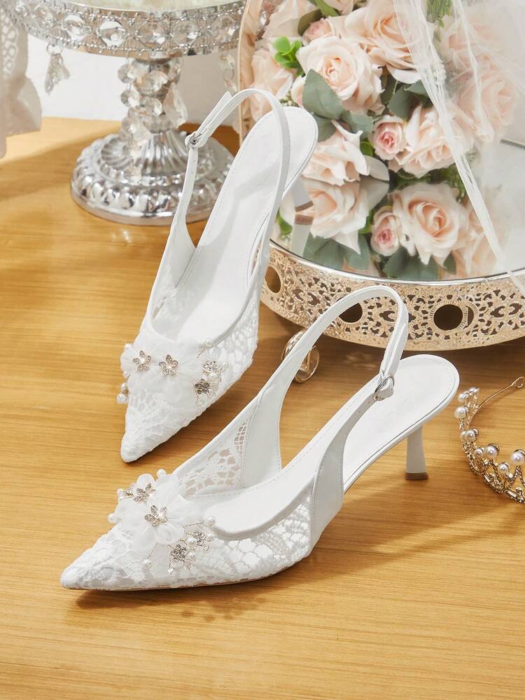 CUCCOO HITCHD Women Shoes Spring And Summer New Women's High-Heeled Shoes Fairy Flower Pearl Rhinestone Pointed Thin Heel Slingback Buckle 7.5cm Sexy Lace Satin Solid Color Bridal Wedding Shoes Dating Valentine's Day