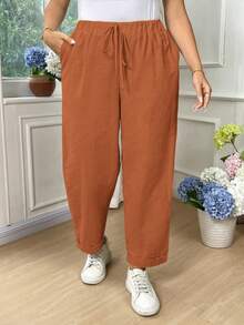 SHEIN LUNE Plus Size Women Cotton Fold-Over Waist Tie Pocket Pants Fall - Khaki - View 4
