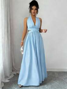 Rafferiza Đầm xếp ly không tay cổ chữ V khoét eo thanh lịch, màu tím, hàng mới về mùa xuân/hè. - Màu xanh nhạt - Xem 5