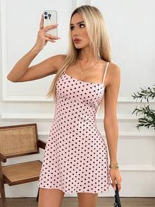 Easowa Damen Polka Dot Casual Minimalist Urlaubs Mini Slip Kleid - Pink - Übersicht 6