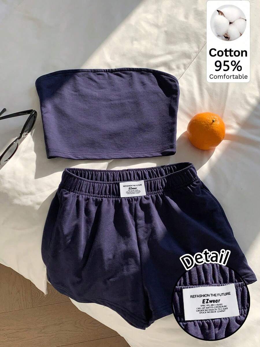 Comfortcana Bộ 2 quần short nữ màu xanh navy, chất liệu 95% cotton, kiểu dáng thường ngày, thích hợp mặc mùa hè. - Màu xanh hải quân - Xem 1