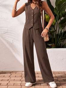 SHEIN Frenchy 2件套女士100%纯棉休闲度假裤，女士夏季服装，女士休闲套装 - 咖啡棕 - 查看 3