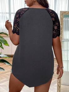 SHEIN LUNE Plus Brown Lace Raglan Sleeve Tee Graphic Tees Women Tops Gym Summer - Grey - View 2