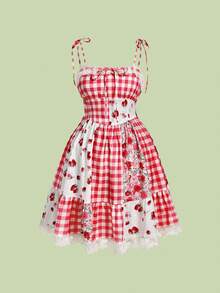 Sweetness Plus Size Cute Countryside Style Patchwork Strawberry Plaid High Waist Vacation Dress, Spring/Summer - Red - View 6