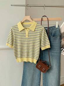 SHEIN EZwear 女士针织罗纹多巴胺奶油黄小众学院风品牌，条纹街头系列，超可爱Polo领短袖上衣，适合春夏、日常通勤、约会、聚会、秋冬、圣诞节、新年、感恩节、派对、婚礼、海滩、毕业典礼、时尚、优雅、休闲、外出、约会、预订、通勤、闪亮、情人节、优雅、度假、休闲、Y2K、外出、毕业典礼等场合。 - 彩色 - 查看 5
