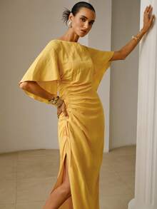 ZEYLAH Elegant Solid Color Side Cinched Waist Slit Dress - Yellow - View 4