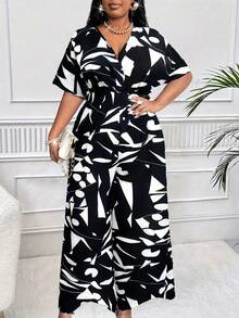 Maweii Bộ jumpsuit ống rộng in họa tiết toàn thân cổ chữ V tay cánh dơi, eo thon, phong cách nghỉ dưỡng thời trang và thanh lịch dành cho nữ cỡ lớn. - Đen và trắng - Xem 3