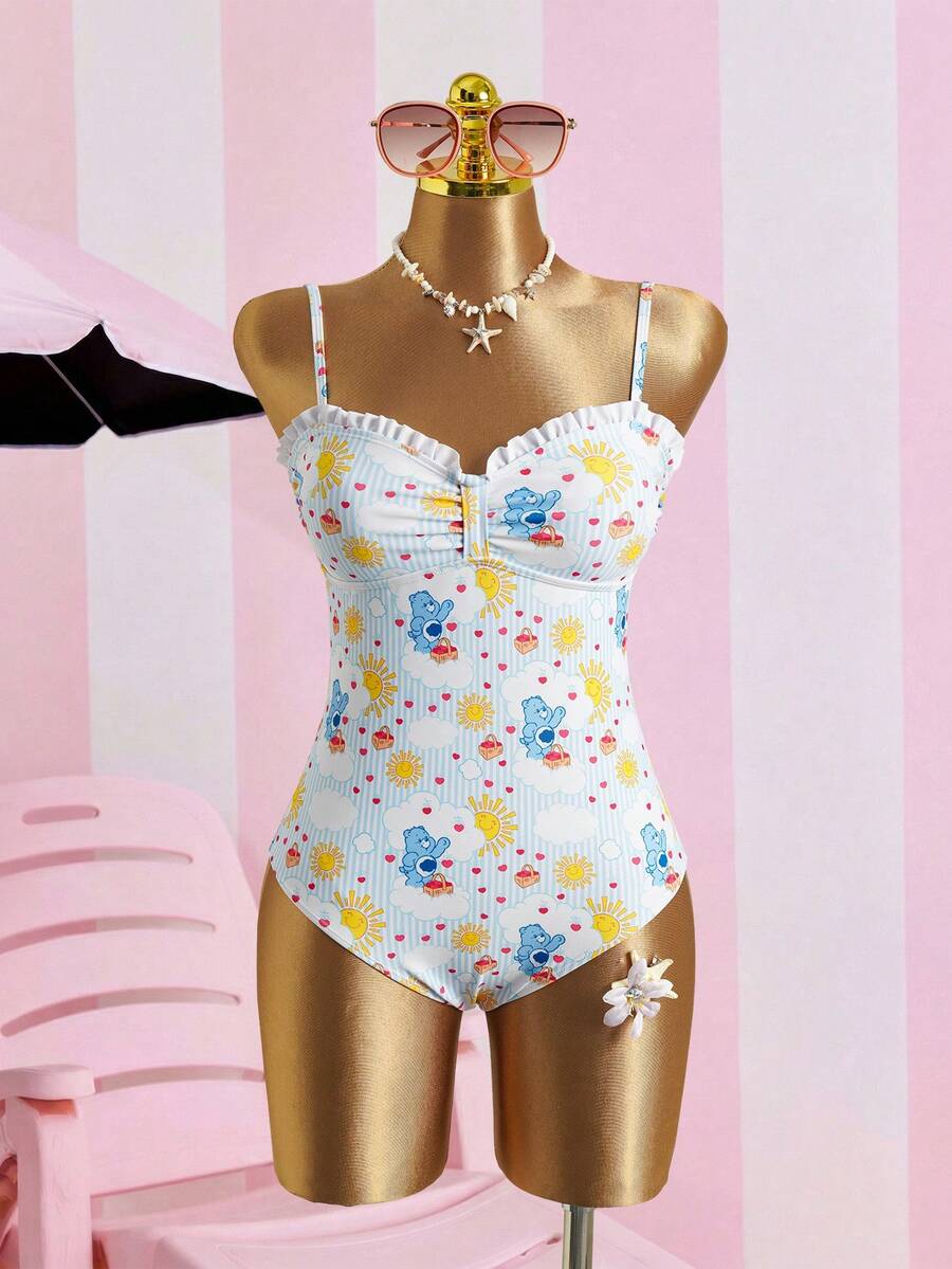 SHEIN X Care Bears Traje de baño de una pieza con estampado de dibujos animados para vacaciones en la playa - Azul - Ver 1