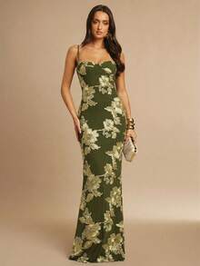 Fitted Strappy Dress With 3D Floral Print - Army Green - View 3