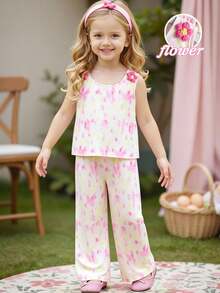 SHEIN Girls Pink Tie-Dye Sleeveless Shirt & Wide-Leg Pants Set,Cute Summer Matching Outfits For Kids,Family Vacation Stylish 2 Pcs Floral Co-Ords,Polyester - Pink - View 9