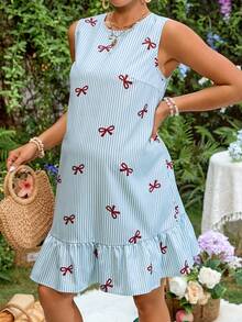 SHEIN Đầm bầu kẻ sọc phối họa tiết nơ, viền bèo nhún, kiểu dáng thời trang. - Màu xanh lam - Xem 1