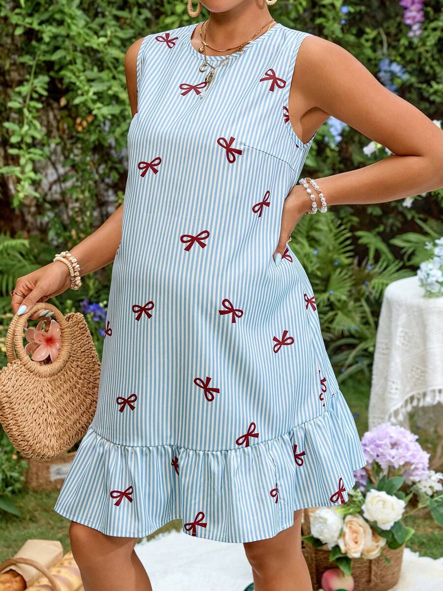 SHEIN Đầm bầu kẻ sọc phối họa tiết nơ, viền bèo nhún, kiểu dáng thời trang. - Màu xanh lam - Xem 1