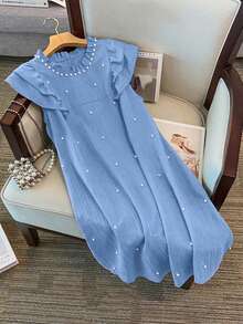 GlowEve CURVE Plus Size Women's Ruffled Collar Pearl Beaded Double-Layer Cap Sleeve Loose Dress, Textured Elegant Sweet Dress For Spring/Summer - Blue - View 3