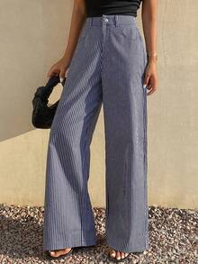 DAZY Quần dài nữ dáng rộng kẻ sọc dọc, thiết kế ống rộng thoải mái, kiểu dáng độc đáo, quần dài ống suông kiểu Mỹ, thích hợp cho mùa xuân và mùa hè. - Màu xanh lam - Xem 5