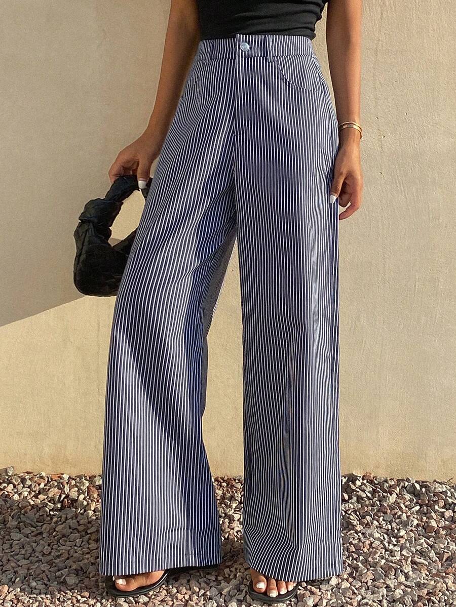 DAZY 女士宽松竖条纹长裤，休闲阔腿设计，独特风格，美式直筒长裤，适合春夏穿着 - 藍色 - 查看 1