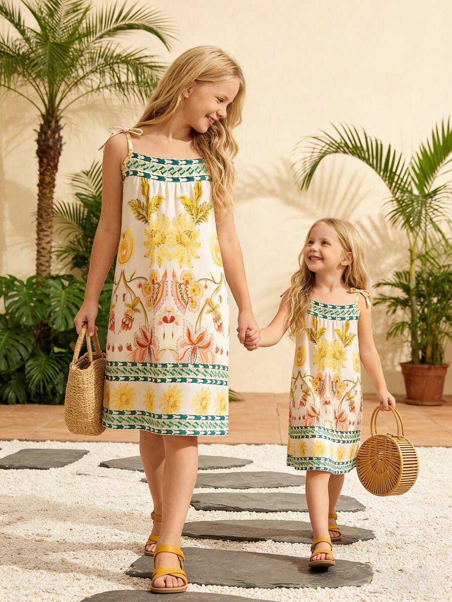 Young Girl Tropical Plant Print Casual Slip Dress - White - View 1