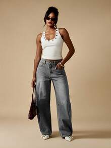MISSGUIDED Quần jeans ống rộng, cạp cao, dáng suông, phong cách vintage, thích hợp cho mùa thu đông. - Xám - Xem 3