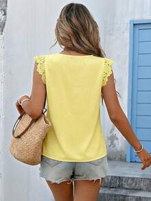 Coeurva Women's Vacation Casual Solid Color Lace Patchwork Blouse Tops For Women Summer Cute Boutique Tops For Women Women's Tops For Summer Casual Tops For Women Elegant Blouses For Women New T-Shirt,2026 Summer French Gentle Yellow V-Neck Lace Flutter Sleeve Chiffon Blouse, Scalloped Trim Loose Slim Fit Commute Top, Versatile Date Casual Elegant Shirt Womens Tops And Blouses Womens Elegant Tops Womens Short Sleeve Tops Womens Tops For Summer Yellow Top For Women - Light Yellow - View 8