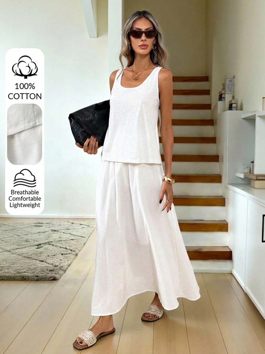 Easowa 女士休闲宽松背心和阔腿裤两件套，休闲夏季女装，家居服套装，夏季度假套装，女士服装套装，女士纯棉无袖上衣和飘逸长裙两件套，舒适夏季服装，女士100%纯棉白色背心和阔腿裙套装，透气休闲夏季服装，女士宽松棉混纺背心和长裙组合，夏季休闲两件套，夏季服装 - 白色 - 查看 1