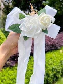 1pc Artificial Flowers Wedding Decor Rose Flower (With Suction Cup)Car Rearview Mirror Present Ribbon Light House Decor Aisle Chair Decor For Party Wedding - one-size - View 11