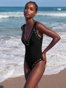 Maija Women's One-Piece Swimsuit With Rivet Decor, Suitable For Beach Vacation, Pool Party, Beach Party Summer - Black - View 3