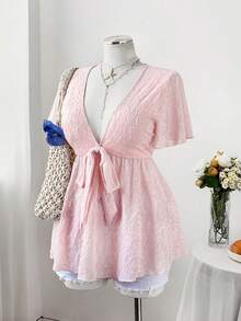 Sweetra Plus Size Women Casual Commuter Cashew Flower Print Pink Short Sleeve T-Shirt - Pink - View 1
