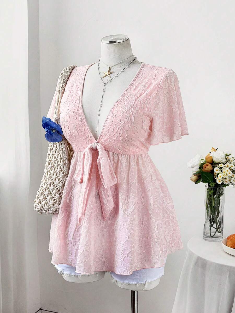 Sweetra Plus Size Women Casual Commuter Cashew Flower Print Pink Short Sleeve T-Shirt - Pink - View 1