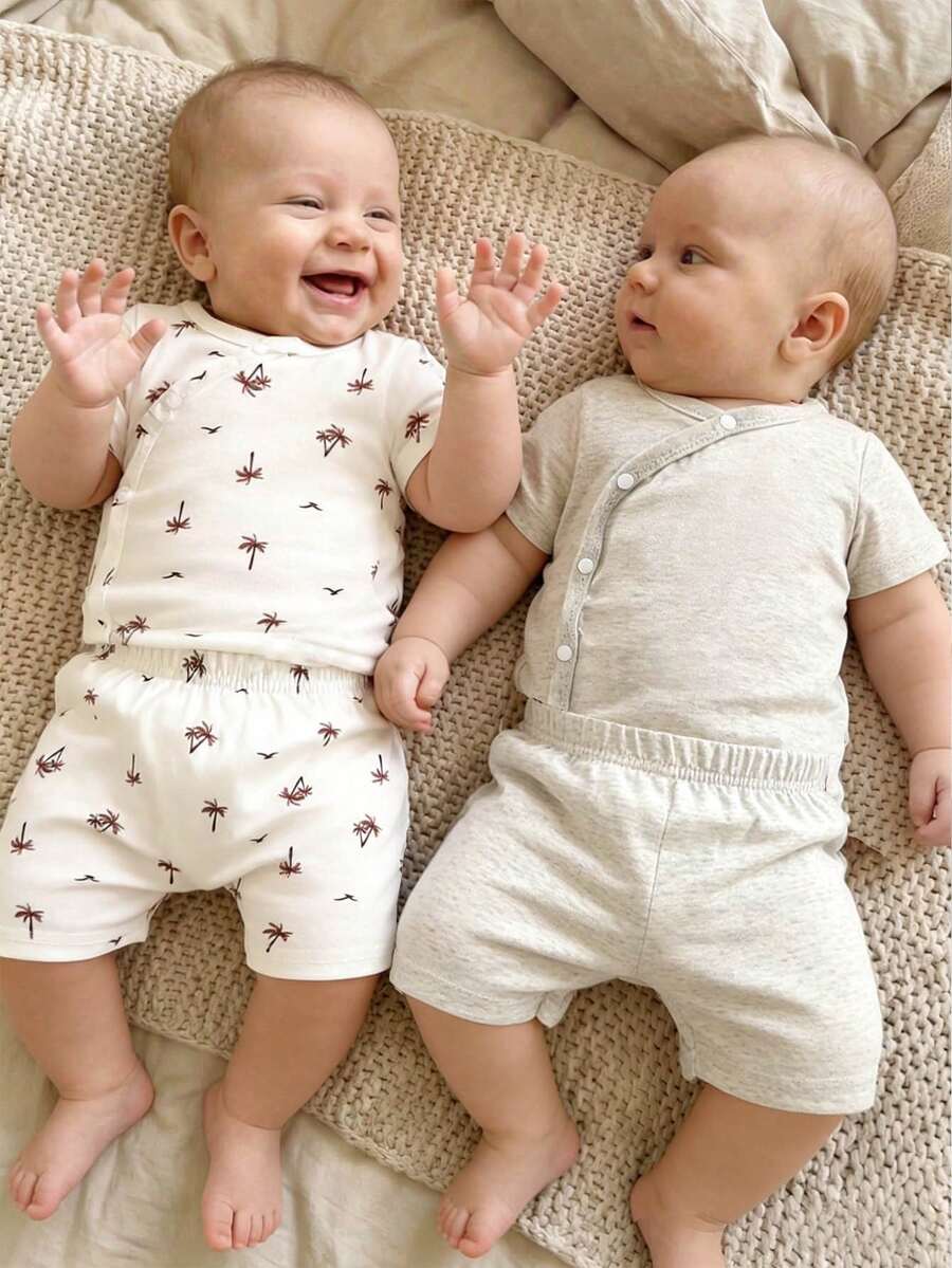 SHEIN Bộ 4 món áo liền quần ngắn tay mùa hè cho bé sơ sinh, bộ áo liền quần in họa tiết cho bé sơ sinh, gồm 2 áo ngắn tay và 2 quần short, màu trơn và họa tiết hoa, tiện lợi cho bé gái 0-9 tháng tuổi mặc, thích hợp cho tiệc tùng, khiêu vũ, mặc hàng ngày, mềm mại và thân thiện với da, bộ đồ mùa hè mềm mại mới năm 2026.